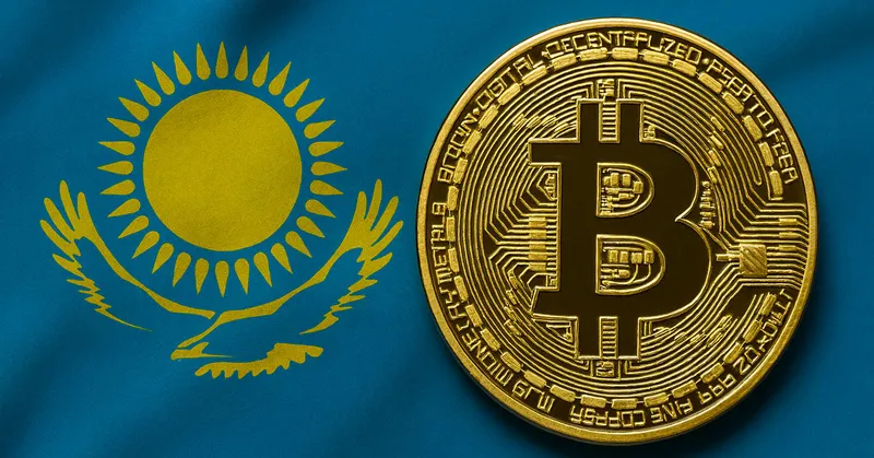 A bitcoin on top of the flag of Kazakhstan
