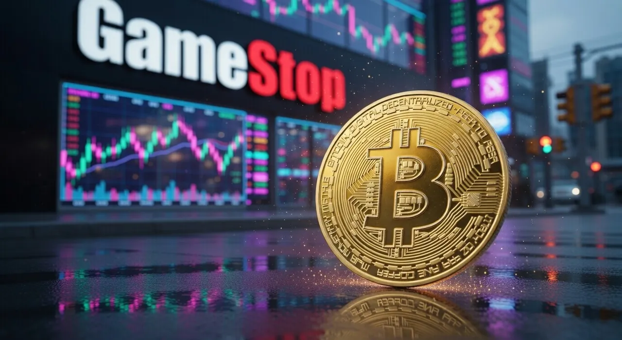 Picture of a bitcoin infront of a Gamestop store