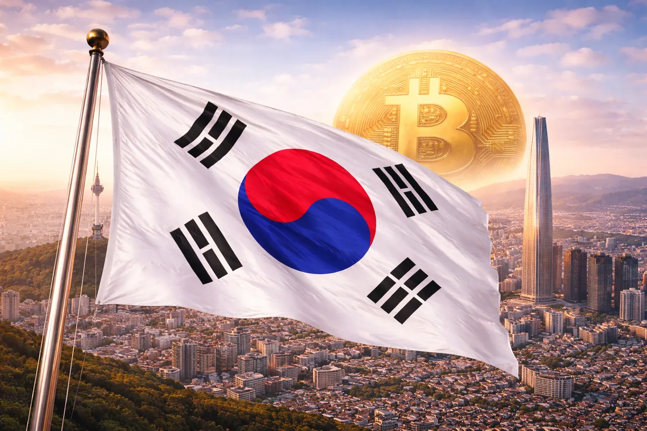 Picture of the South Korean flag with a Bitcoin Behind it