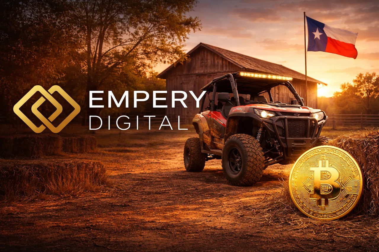 Picture of Empery Digital logo at a texas ranch with texas flag