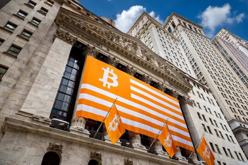 Picture of the NYSE with a Bitcoin flag