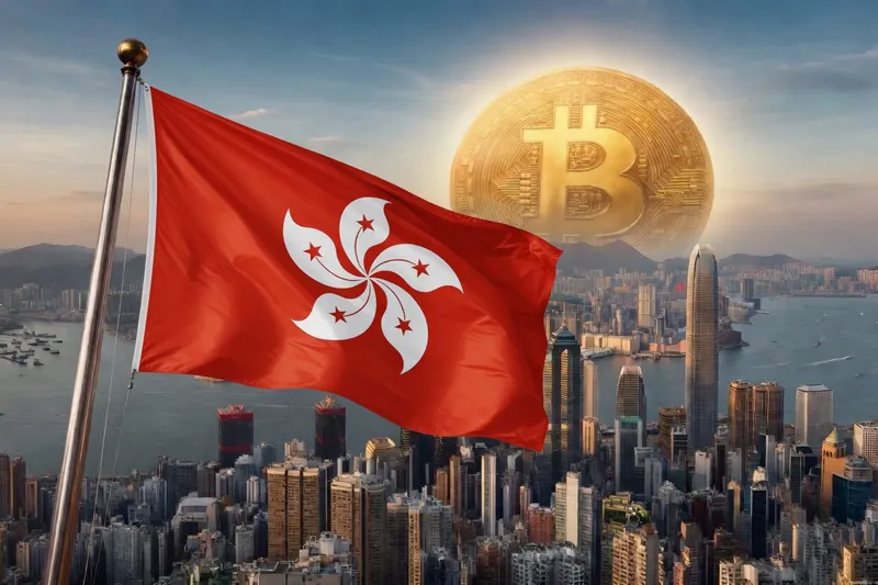 Hong kong flag over hong kong with a bitcoin in the sky