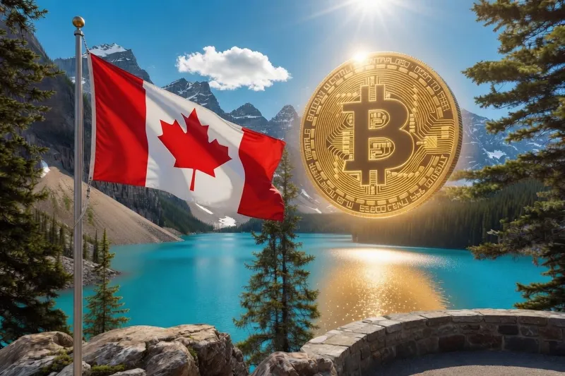 Canada flag wtih bitcoin on a lake