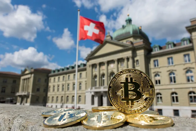 Switzerland bank with flag infront with a bitcoin