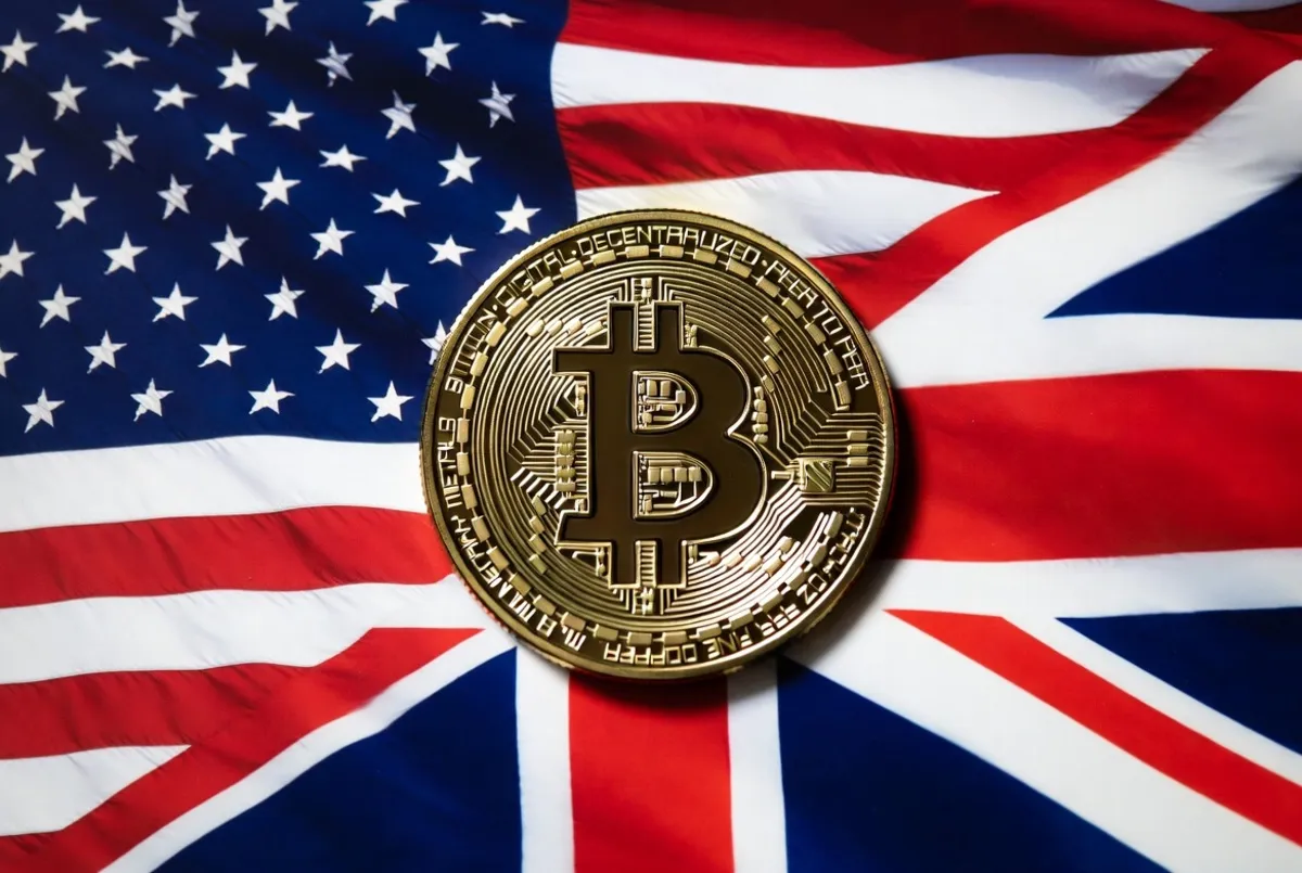 uk america flag with a bitcoin
