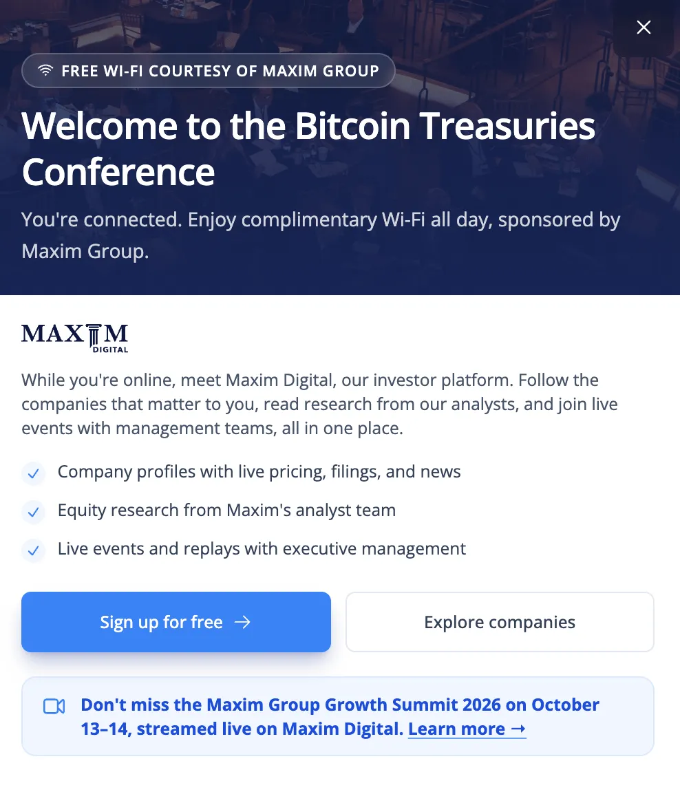 Maxim Grp is the lead sponsor for Bitcoin Treasuries Conference 2026.