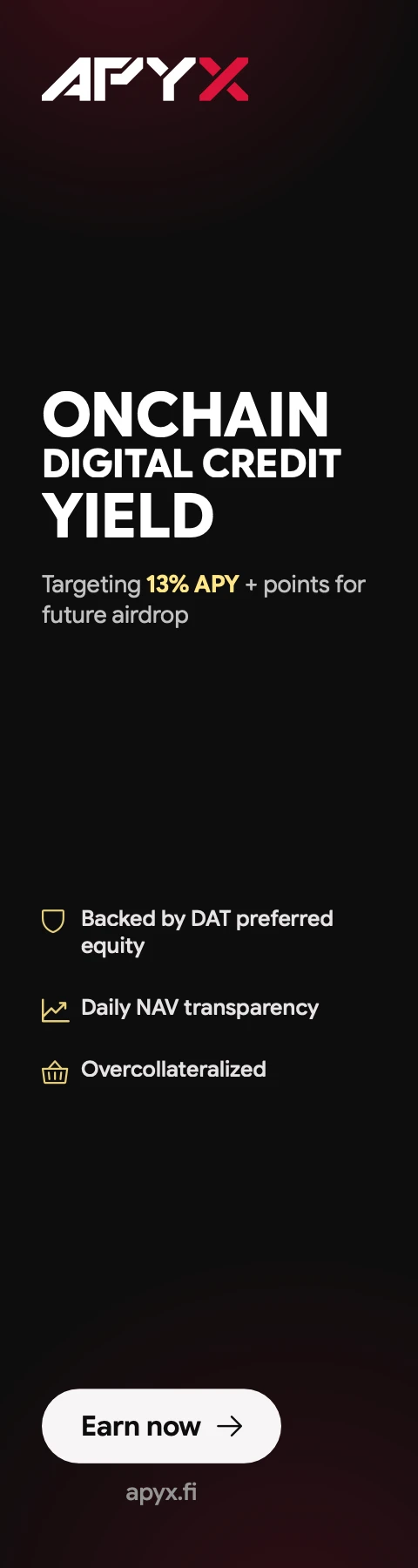 Apyx.fi – Onchain digital credit yield targeting 13% APY. Backed by DAT preferred equity, overcollateralized with daily NAV transparency. Plus points for future airdrop. Earn now at apyx.fi
